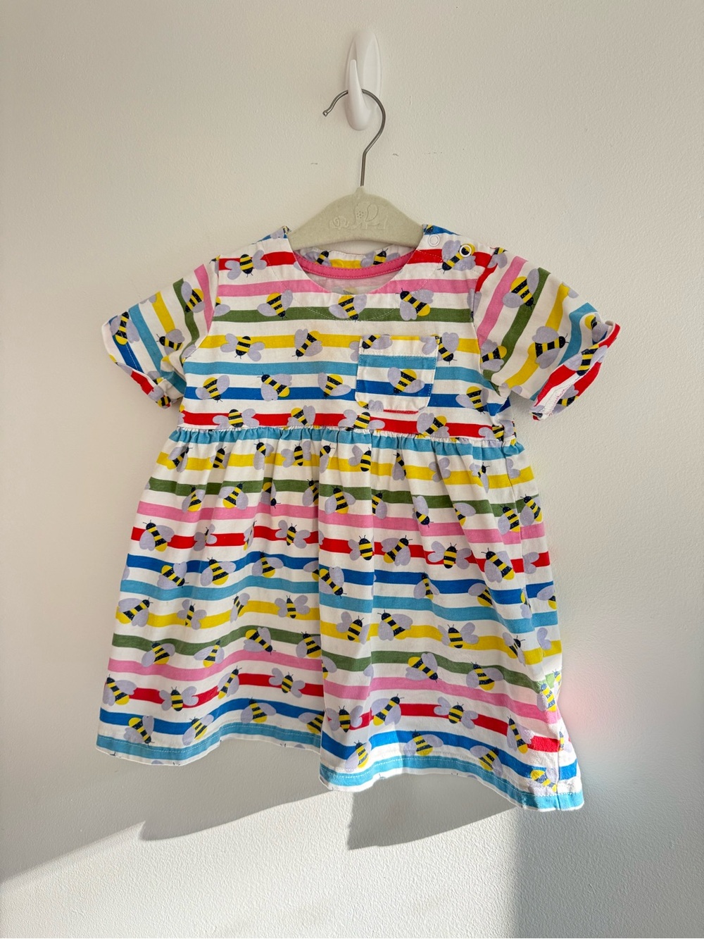 Mini Boden Rainbow Stripe Bee Cotton Dress - Yellow, Blue, Pink, Red, Green